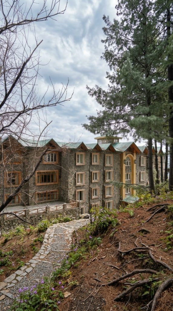 Stone chalets with green roofs and timber-framed windows among pine trees at Serenity Hilltop Homes, Khaira Gali